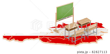Education in Austria, concept. School desks and blackboard on Austria map. 3D rendering 82827113