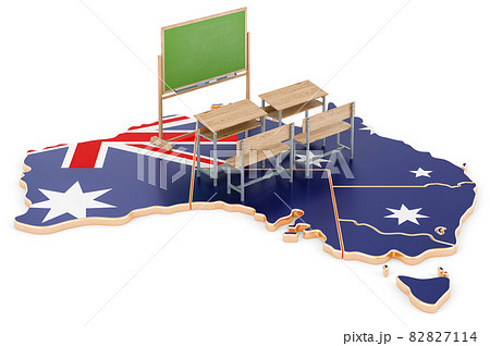 Education in Australia, concept. School desks and blackboard on Australia map. 3D rendering 82827114