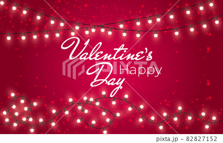 Happy Valentine's Day banner with shining lights garland, light bulbs on pink background. Valentine's Day card. 82827152
