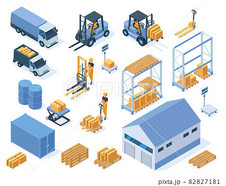Isometric warehouse storage delivery logistic services elements. Warehouse building, forklifts and warehouse workers vector illustration set. Industrial storage equipment 82827181