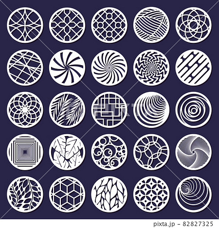 Laser cut round abstract decorative pattern template. Abstract decorative circle cutting panels isolated vector illustration set. Round geometric pattern panels Laser cut round abstract decorative pattern template. Abstract decorative circle cutting panels isolated vector illustration set. Round geometric pattern panels 82827325