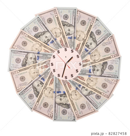 Concept of clock and dollar. Clock on mandala kaleidoscope from money. Abstract money background raster pattern repeat mandala circle. 82827458