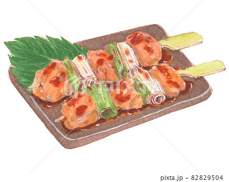手描き飲食メニュー 焼き鳥ねぎま串のイラスト素材 9504
