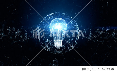Creative idea concept, Technology digital data network connection with lamp on blue background, Motion abstract background. 3d Rendering Creative idea concept, Technology digital data network connection with lamp on blue background, Motion abstract background. 3d Rendering 82829930