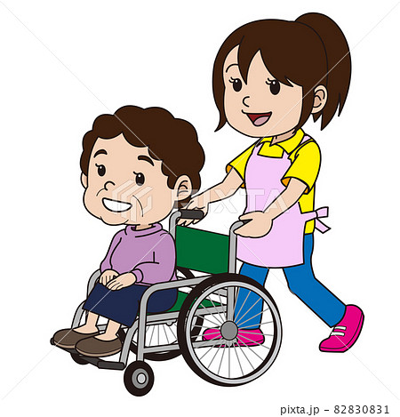 車いすを押してあげるヘルパーさんのイラスト素材 01 車いすを押してあげるヘルパーさんのイラスト素材 01