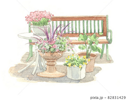 花とベンチ　水彩画 水彩画：花とベンチのイラスト素材 [82831429] - PIXTA