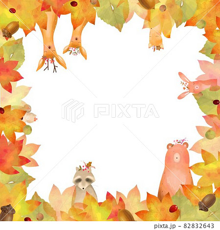 北欧風オシャレな秋の植物や森の動物の白バックフレームのイラストのイラスト素材 2643
