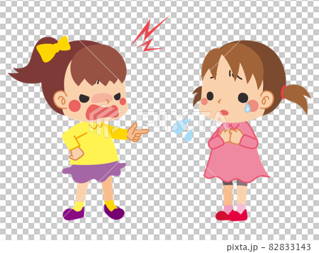 友達に怒鳴っている女の子と怒鳴られて困って泣いている女の子のイラスト 小さな子供同士の口喧嘩のイラスト素材 3143