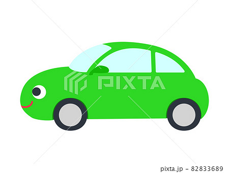 笑顔の緑色の車のイラスト 横向きのイラスト素材 36