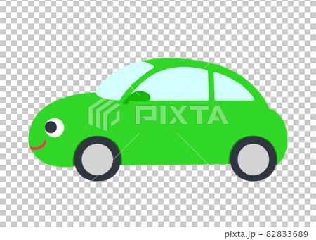 笑顔の緑色の車のイラスト 横向きのイラスト素材 36