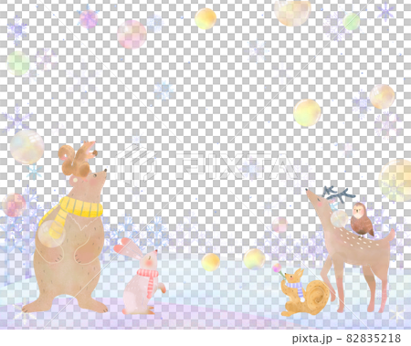 Fashionable winter scenery of soap bubbles and snowflake Scandinavian forest animals Vector white background frame Illustration material Fashionable winter scenery of soap bubbles and snowflake Scandinavian forest animals Vector white background frame Illustration material 82835218