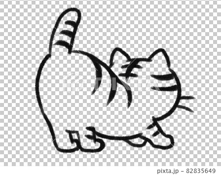 日本画タッチの背中を向けて伸びをする猫イラスト 82835649