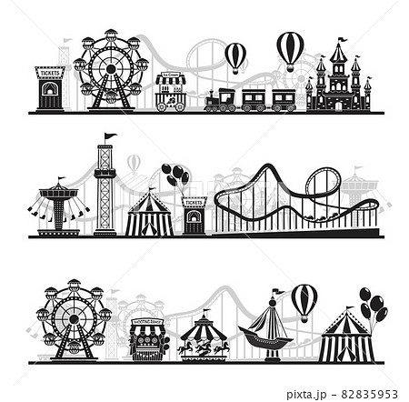 Amusement park landscape silhouette, carnival fairground rides. Roller coaster, carousel, horizontal funfair attraction vector background set 82835953