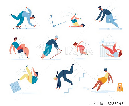 People falling down stairs, tripping and slipping on wet floor. Young or adult characters stumble slip or fall injury accidents vector set 82835984