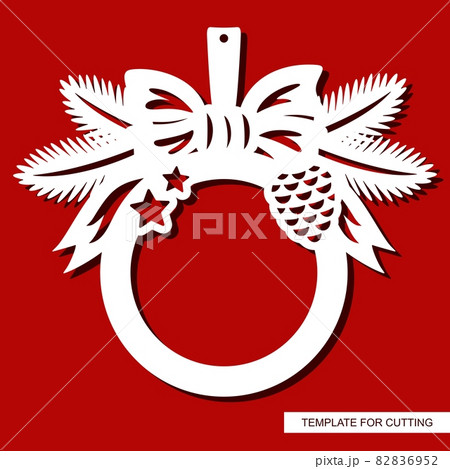 New Year or Christmas round photo frame. Decorate with spruce branches, a pine cone, a bow, stars. Vector layout for plotter laser cutting of paper, plastic, plywood, wood carving, metal engraving. 82836952