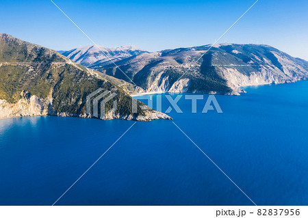 Myrtos beach with blue bay on Kefalonia Island, Greece. Aerial panoramic photo Myrtos beach with blue bay on Kefalonia Island, Greece. Aerial panoramic photo 82837956