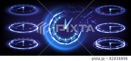 Time machine, timer and deadline. Sci-fi digital high-tech collection in glowing HUD elements clock. Hologram portal of science futuristic technology. Magic warp gate in game fantasy. Teleport podium 82838896