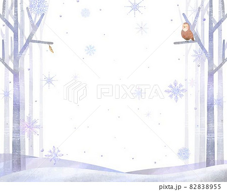 北欧風オシャレな水彩画風冬の木々とフクロウと雪の結晶のベクター白バックフレームイラスト素材のイラスト素材 55