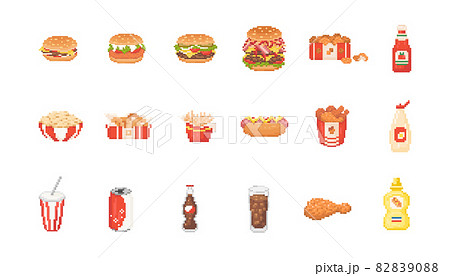 Pixel art fast food set illustrations. 8 bit retro icons of burgers, fried chickens, cola, french fries, hot dog, popular fast food. Vector fast food collection for game, decoration, sticker or web.  82839088