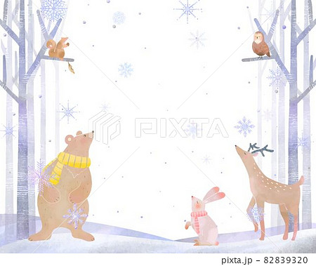 北欧風オシャレな水彩画風冬の木々と森の動物と雪の結晶のベクター白バックフレームイラスト素材のイラスト素材 93