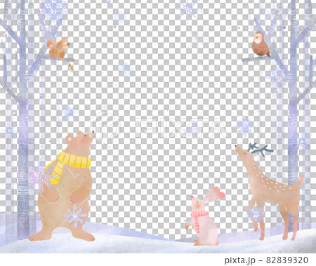 Scandinavian fashionable watercolor style winter trees, forest animals and snowflakes vector white back frame illustration material 82839320