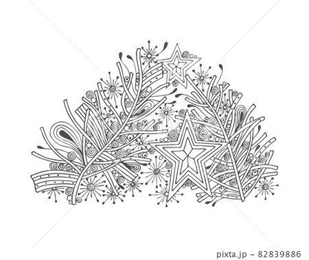New Year Christmas zentangle star tree balls, hand drawing, contour, silhouette, for festive design, postcard, banner, congratulations, for coloring. Isolated, on a white background. 82839886