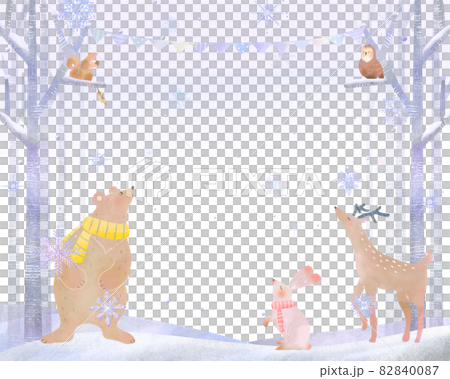 Scandinavian fashionable watercolor style winter trees, forest animals and snowflakes vector white back frame illustration material Scandinavian fashionable watercolor style winter trees, forest animals and snowflakes vector white back frame illustration material 82840087