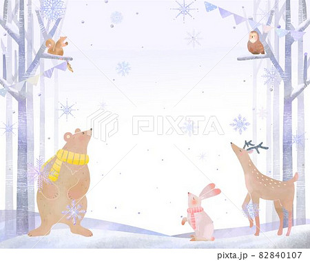 雪の結晶の降る北欧風森の動物のおしゃれな冬の旗付き景色ベクター白バックフレームイラスト素材のイラスト素材
