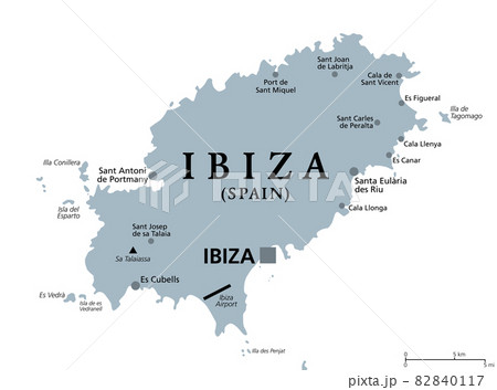 Ibiza, gray political map. Part of Balearic Islands, an archipelago and autonomous community of Spain in the Mediterranean Sea. Known for its nightlife and electronic dance music. Illustration. Vector Ibiza, gray political map. Part of Balearic Islands, an archipelago and autonomous community of Spain in the Mediterranean Sea. Known for its nightlife and electronic dance music. Illustration. Vector 82840117