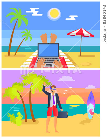 Freelancers Work at Sandy Beach in Summer Set Freelancers Work at Sandy Beach in Summer Set 82840143