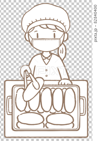 Line drawing_Children's life_School_School lunch duty_Girl (bread) 82840400