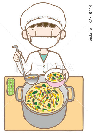 子ども生活 学校 給食当番 男の子 汁物 のイラスト素材