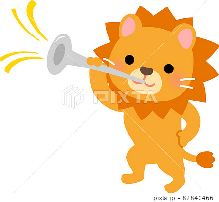 ラッパを吹き鳴らすライオンのキャラクターのイラスト素材