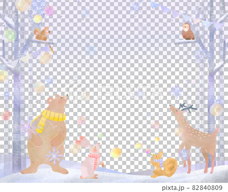 Fashionable winter scenery of soap bubbles and snowflake Scandinavian forest animals Vector white background frame Illustration material Fashionable winter scenery of soap bubbles and snowflake Scandinavian forest animals Vector white background frame Illustration material 82840809