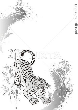 年賀2022　寅年　寅　虎　とら　年賀状　墨絵　水墨画　フレーム　テンプレート　背景　イラスト　白黒 82840871