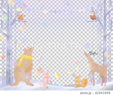 Fashionable winter scenery of soap bubbles and snowflake Scandinavian forest animals Vector white background frame Illustration material 82841049