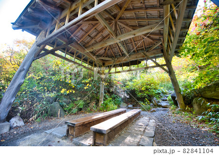 青森県八甲田山 秋の酸ヶ湯 まんじゅうふかしの小屋の紅葉風景 青森県八甲田山 秋の酸ヶ湯 まんじゅうふかしの小屋の紅葉風景 82841104