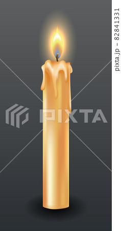 Burning candle with dripping or flowing wax. Yellow candle with golden flame. Lit and melted wax. Illustration of beautiful glowing candle on dark background 82841331