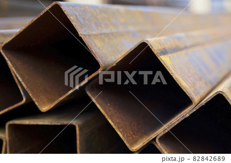 Metal profile pipe of rectangular cross section in packs at the warehouse of metal products 82842689
