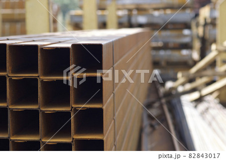 Metal profile pipe of rectangular cross section in packs at the warehouse of metal products 82843017