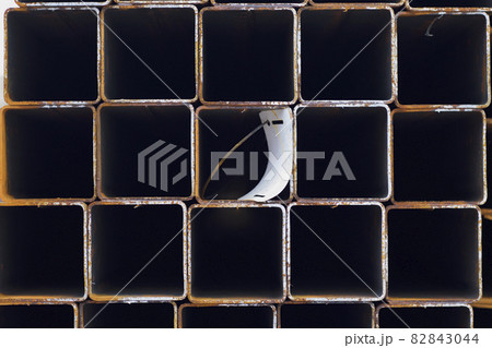Metal profile pipe of rectangular cross section in packs at the warehouse of metal products 82843044