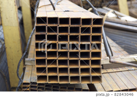 Metal profile pipe of rectangular cross section in packs at the warehouse of metal products 82843046