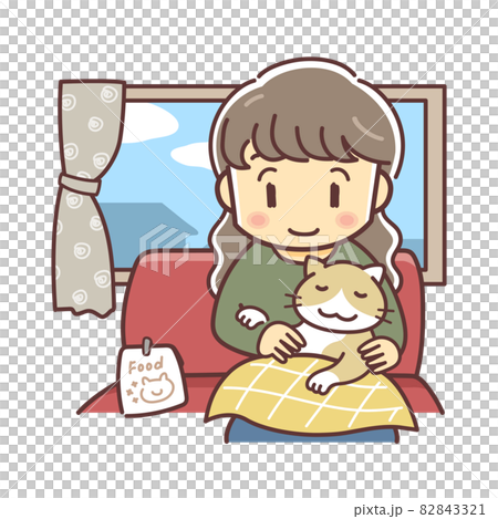 ネコを膝に乗せる女性と室内風景のイラスト（猫派・猫のいる暮らし・デフォルメ） 82843321