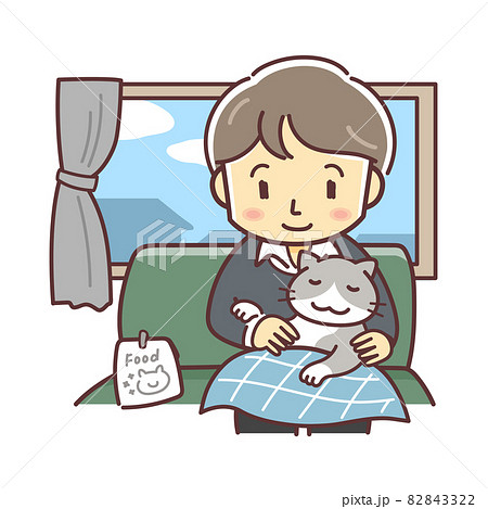 ネコを膝に乗せる男性と室内風景のイラスト（猫派・猫のいる暮らし・デフォルメ） 82843322