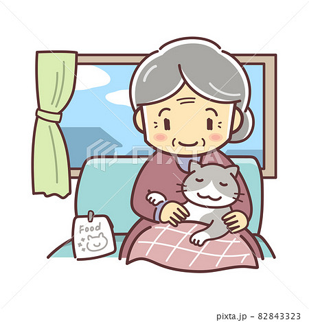 ネコを膝に乗せるおばあさんのイラスト（ペットのいる室内風景・デフォルメ） 82843323