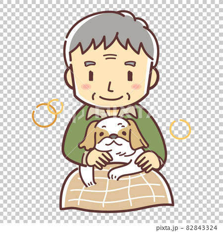 犬を膝に乗せるおじいさんのイラスト（ペットのいる暮らし・デフォルメ） 82843324