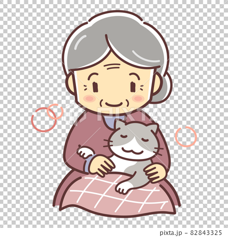 ネコを膝に乗せるおばあさんのイラスト（ペットのいる暮らし・デフォルメ） 82843325
