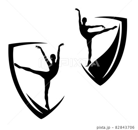 slim gymnast woman silhouette and simple heraldic shield black and white vector design 82843706