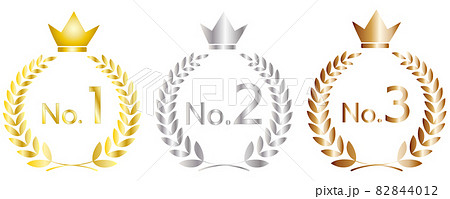 月桂冠と王冠の乗った1位から3位までのランキングセット 金 銀 胴色 のイラスト素材