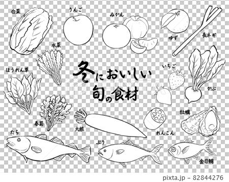 冬においしい旬の食材の手描きイラストセット 冬においしい旬の食材の手描きイラストセット 82844276